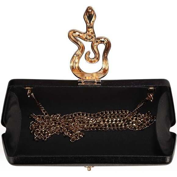Women's Black Formal Evening Clutch Purse Synthetic Leather With Snake Clasp - Picture 7 of 8